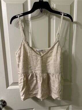 Abercrombie & Fitch Cream Linen-Blend Spaghetti Strap Peplum Camisole